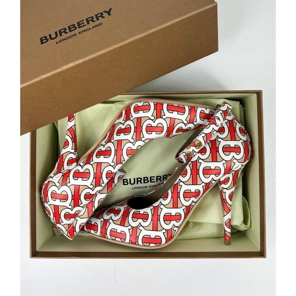 NWT BURBERRY Runway Red & Beige TB Monogram Logomania Ankle Strap Pumps … - Picture 11 of 13
